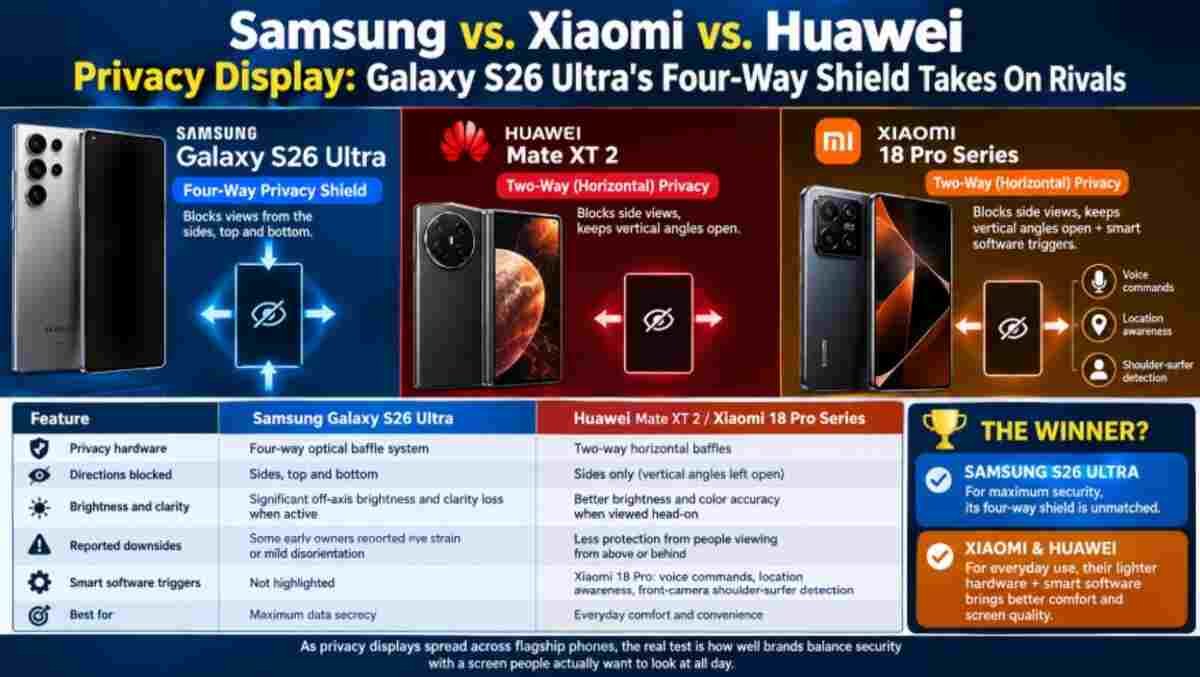 Samsung, Galaxy S26 Ultra, Xiaomi, Xiaomi 18 Pro, Huawei, Huawei Mate XT 2, Privacy Display, Smartphone Privacy, Mobile Security, Display Technology, Foldable Phones, Ice Universe, Phone Comparison